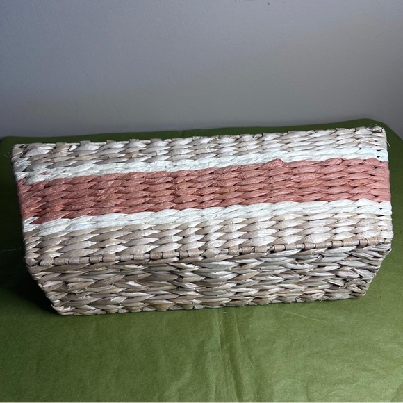 Tan and cream and terracotta color Woven Basket with Handles - Picture 2 of 6